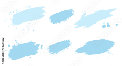 Pale blue grungy brush strokes, ink paint splatters, snow smear frames, abstract winter spots and dabs, artistic grunge textures, vector illustration, cold season art, brush paint effects.