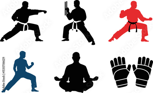 Martial arts poses vector set karate taekwondo kung fu training meditation gloves isolated on white editable stock vector illustration