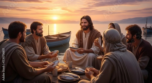 Sharing a meal with disciples by the tranquil Sea of Galilee at sunset