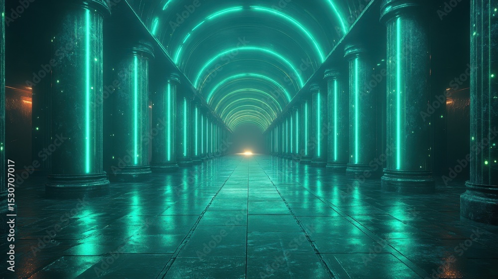 Fototapeta premium Futurystyczne wnętrze z zielonymi neonowymi światłami. Korytarz tunelowy z kolumnami, cyfrowe tło techniczne, idealne do prezentacji, koncept art. Sztuka generowana przez AI. Nowoczesna innowacja projektowa w nauce.