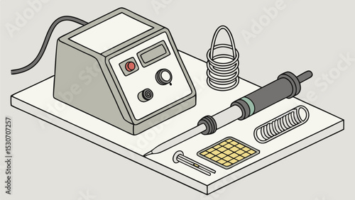 Isometric view of a soldering station with iron stand cleaning sponge and solder on a white surface top
