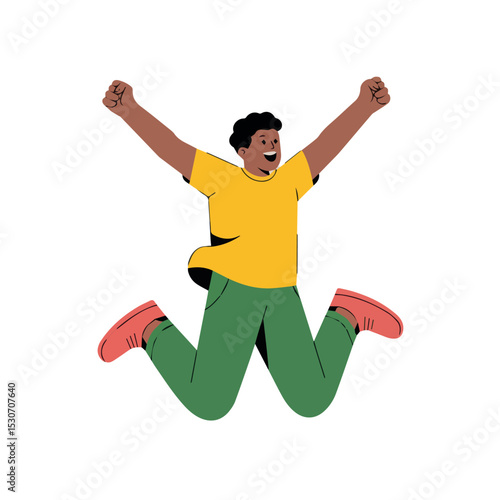 Happy joyful man jumping high celebrating success feeling great achieving goals red fun leap flat human style green