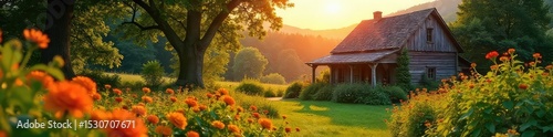 Golden hour sunlight bathes a rustic farmhouse and lush garden, overflowing with summer blooms and vibrant vegetables A quintessential scene of idyllic homestead life , sunset, home, rural