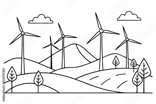 wind energy in continuous line art drawing style 