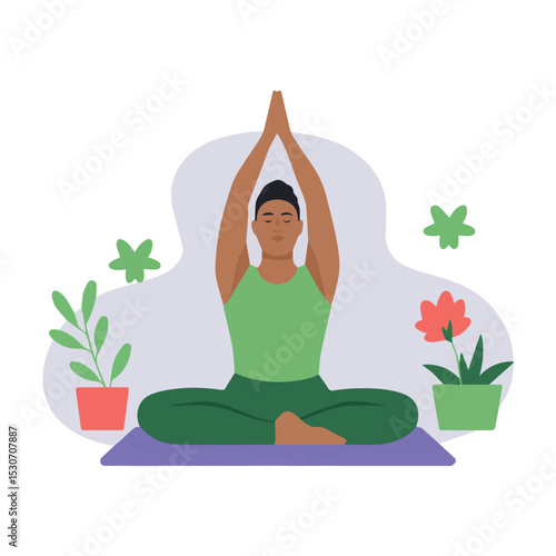 Peaceful man meditating in lotus pose yoga practice green healthy lifestyle indoor wellness relaxation spiritual calmness