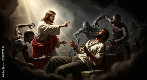 Jesus Christ commanding the evil spirits to depart, freeing a man, demonstrating divine power over dark forces