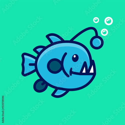 Anglerfish Cartoon: A playful cartoon-style illustration of a glowing anglerfish swimming happily in the sea, full of charm, cuteness, and aquatic wonder.