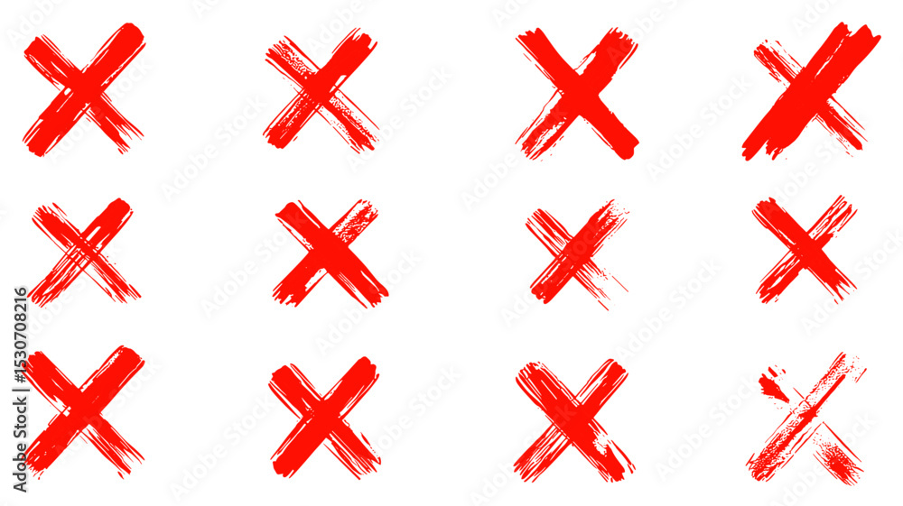 Fototapeta premium Red color crosses brush strokes, hand-painted wrong signs, abstract hand-drawn aversion symbols, NO button for checkbox voting, isolated disagree tickbox symbol pack, vector illustration.