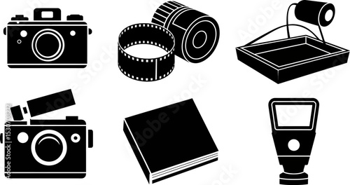Photography equipment vector icons set camera film flash developing tank album black and white design 100 editable stock vector illustration