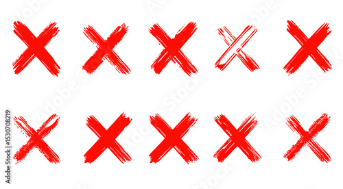 Hand-painted red wrong signs, red crosses brush strokes, abstract aversion icons, NO checkbox button, isolated disagree tickbox pack, vector illustration, UI elements, interface design.