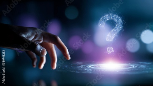 Hand reaches for glowing digital question mark symbol on dark background