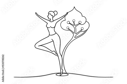 Single line drawing of a woman performing a yoga tree pose isolated on transparent background