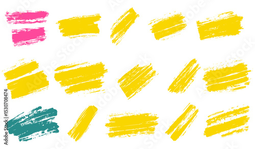 Vector illustration of grunge brushstroke overlays, rough marker strokes, hand drawn highlight marks, distressed ink spots, textured highlighter lines, vintage paint stains, art strokes.