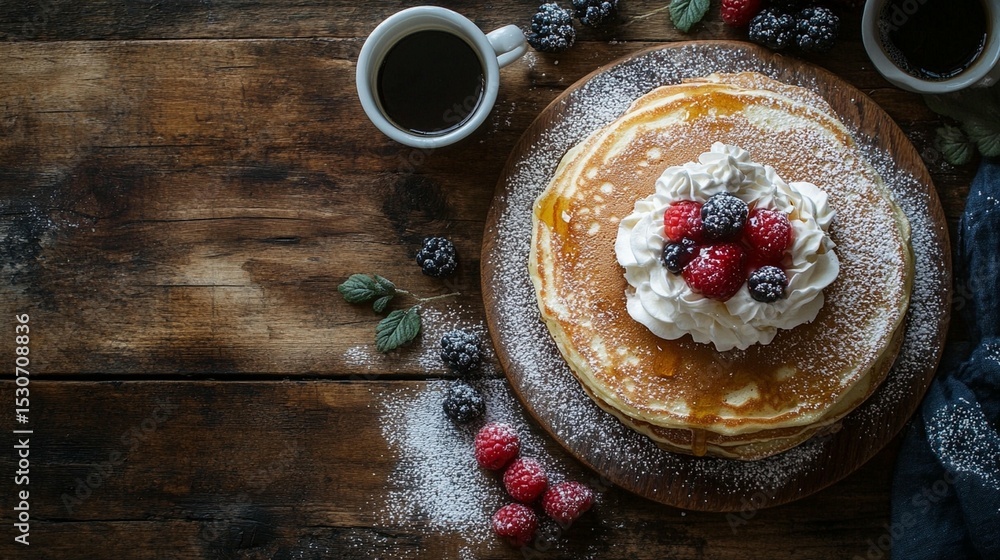 Stacked pancakes with berries and whipped cream on a rustic wooden table Stacked pancakes with berries and whipped cream on a rustic wooden table