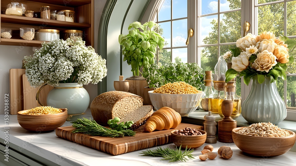 Wholesome kitchen setup with legumes and plants high resolution image Wholesome kitchen setup with legumes and plants high resolution image