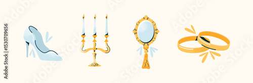 Set of wedding stickers high heel shoe, candelabra with candles, hand mirror, and gold rings. Flat vector illustration on light background. Bridal accessories and wedding ceremony concept