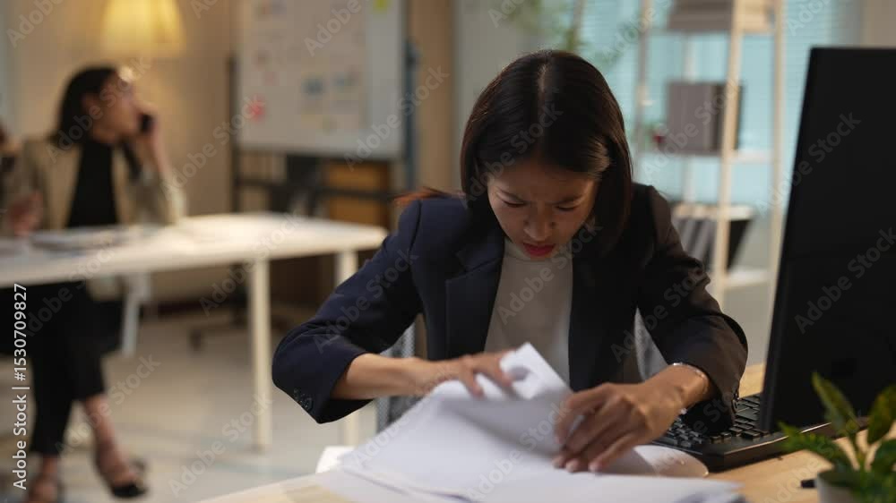 Frustrated businesswoman dealing with stress in office setting Frustrated businesswoman dealing with stress in office setting