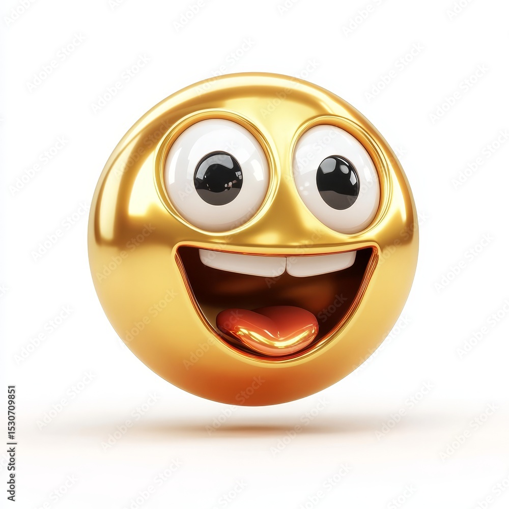 Fototapeta premium Shiny Golden Emoji with Excited Expression Floating on White Backdrop, Festive Happy Vibe