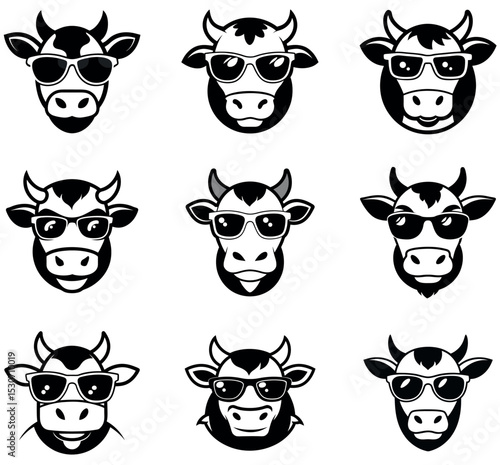 Cool Cow Head with Sunglasses - Black and White Vector Logo Illustrations Set