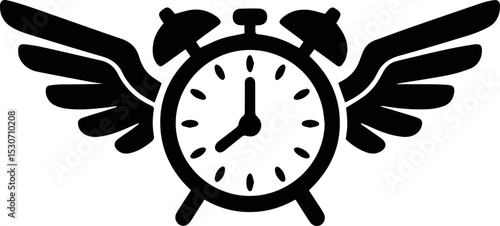 Stylized alarm clock with wings fast time design graphic black icon art white speed retro quick rapid swift flight vector