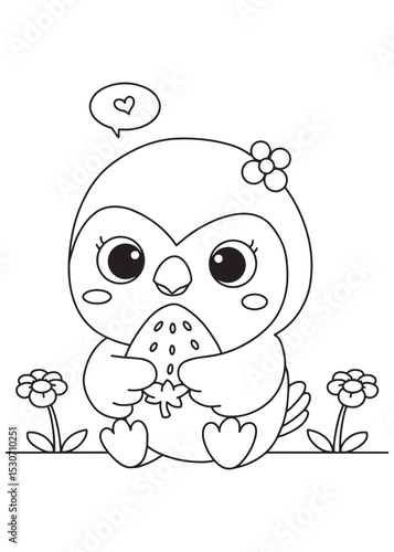 Coloring book parrot with a flower on its head, happily holding a sweet strawberry