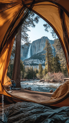 View of a camping tent in the wild with a waterfall in the background