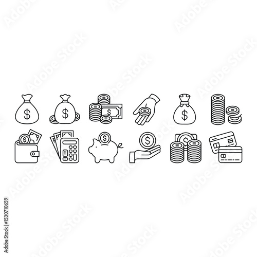 Collection of outlined icons depicting finances savings investments and money management