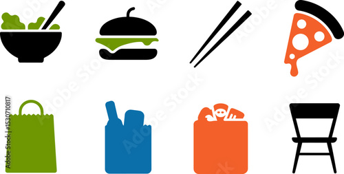 Food delivery service vector icons set salad burger sushi pizza bag chair restaurant order online fast 100 editable stock vector illustration