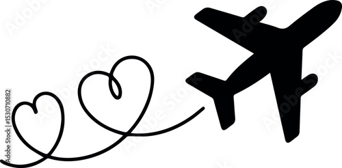 Romantic travel airplane design with two hearts flying away sky love icon cute line black white sweet wings shape flight