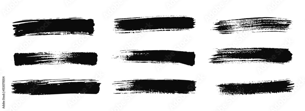 Asian ink brush strokes, black hand drawn stripes, rough grunge paint texture, Chinese Japanese Korean calligraphy brushstrokes set, straight line vector illustration, smears, sketch lines.