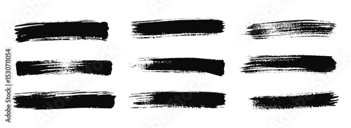 Asian ink brush strokes, black hand drawn stripes, rough grunge paint texture, Chinese Japanese Korean calligraphy brushstrokes set, straight line vector illustration, smears, sketch lines.