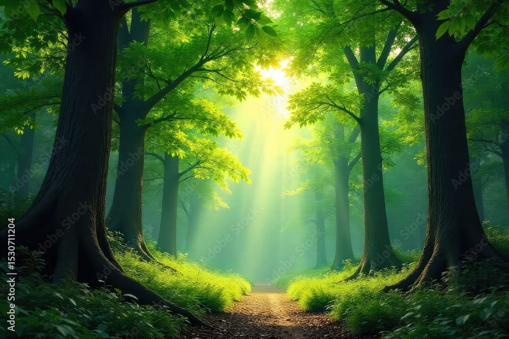 Obraz premium Sunlight dapples through the canopy in a lush, vibrant forest Ancient trees tower, their leaves creating a dense, green cover overhead A tranquil scene of natural beauty , forest, natural environment