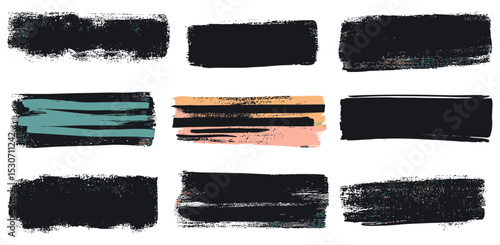 Vector illustration of black ink brush strokes, calligraphy lines, rough sketch boxes, hand drawn stripes, paint smears, straight strokes texture, artistic elements, traditional style.
