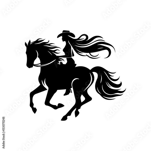 Graceful cowgirl with flowing hair and hat, skillfully riding a rearing horse, captured as a dynamic black silhouette illustration. Western concept