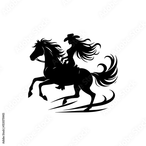 Graceful cowgirl with flowing hair and hat, skillfully riding a rearing horse, captured as a dynamic black silhouette illustration. Western concept