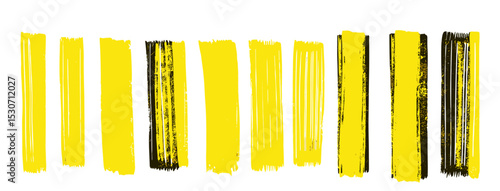 Yellow hand drawn stripes, rough grunge paint strokes, marker brush underlines, text highlighter pen, rectangle sketch text boxes, straight marker line vector illustration, artistic texture.