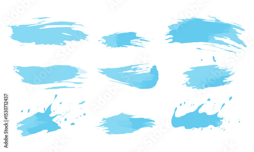 Light blue summer theme backgrounds, brush stroke texture, ink blot shapes, baby blue color splashes, seasonal sale water splash elements, artistic paint strokes, vector illustration.