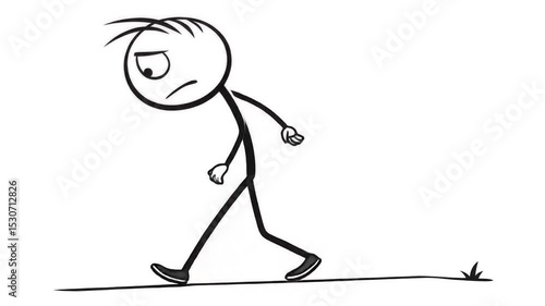 Animated Dejected Stick Figure Walking, Black and White, Simple Animation
