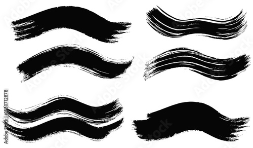 Asian calligraphic waves, thick brush strokes, black ink wavy lines, Chinese and Japanese calligraphy, textured flow lines, abstract brush art, vector illustration.