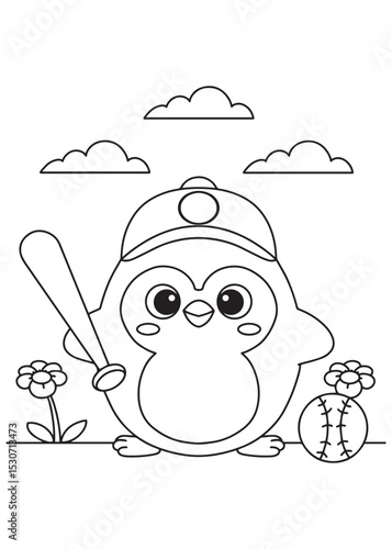 Coloring book penguin wearing a baseball cap, holding a bat, with a baseball nearby