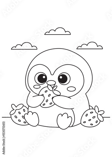 Coloring book penguin happily munching on a sweet strawberry, surrounded by other berries and fluffy clouds
