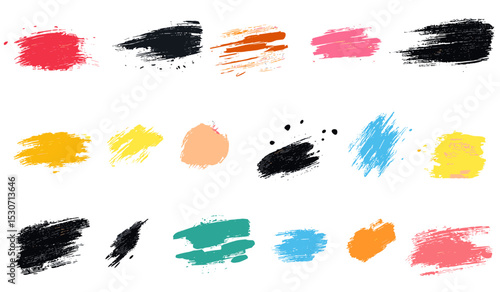 Vector illustration paintbrush texture strokes, ink splash smear background set, charcoal scribble elements, rough crayon art doodles, pencil lines, isolated design, creative art supplies.
