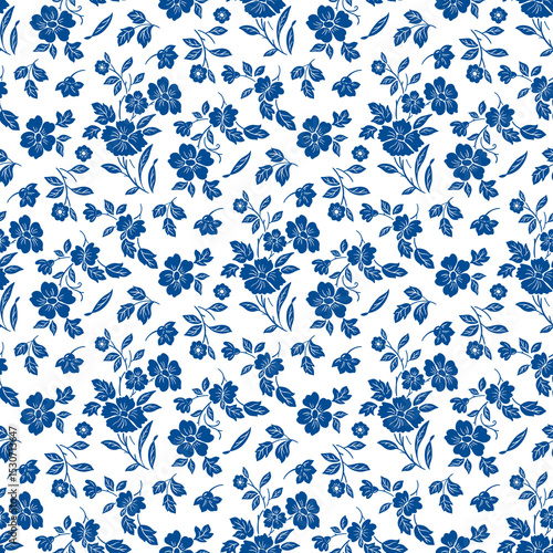 Seamless pattern of botanical iris florals drawn in blue pencil line art, artistic sketch texture and soft edge detail, evenly spaced on light parchment background