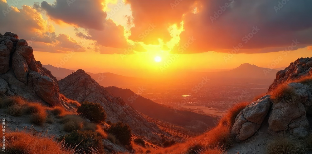 Fototapeta premium A majestic sunrise over the ancient land of Israel, symbolizing the divine presence and enduring spirit of faith , belief, divine, olive trees