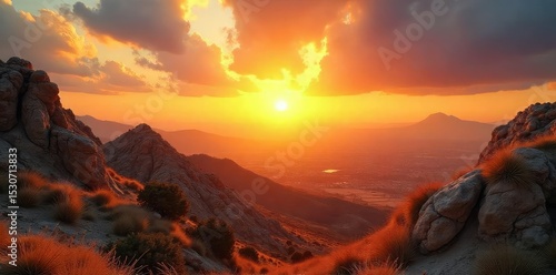 A majestic sunrise over the ancient land of Israel, symbolizing the divine presence and enduring spirit of faith , belief, divine, olive trees