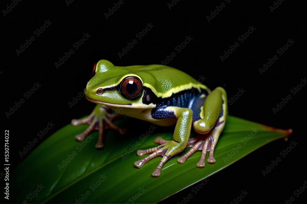 Obraz premium Green tree frog sitting atop a leaf against a black background.