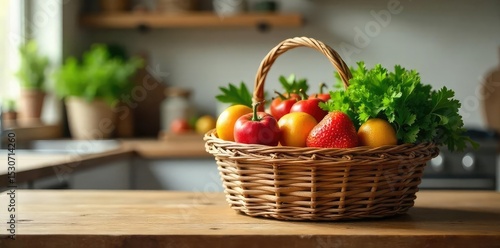 Wallpaper Mural A rustic woven basket overflowing with fresh produce and pantry staples sits on a farmhouse kitchen counter, embodying cozy domesticity , closeup, vintage Torontodigital.ca