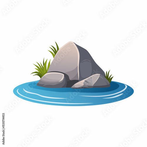 A cartoon illustration of a grey rock formation surrounded by water and grass.