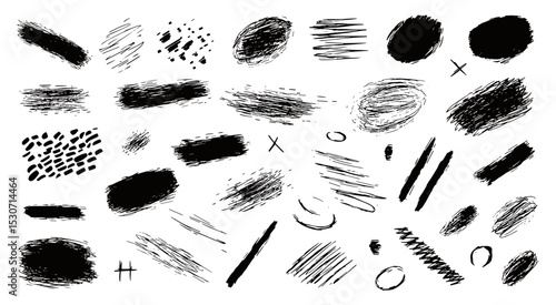 Street art graphic set, scribble lines and hatches, crosses and sketch ovals, hand drawn pencil strokes, grunge texture pack. Vector illustration, minimal strokes, isolated art.