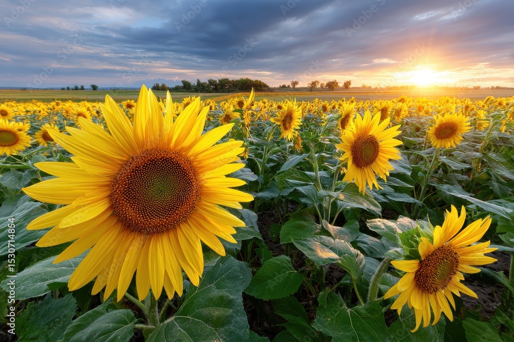Fototapeta premium Sunlit field of sunflowers at sunset, vibrant yellow blossoms against a dramatic sky.